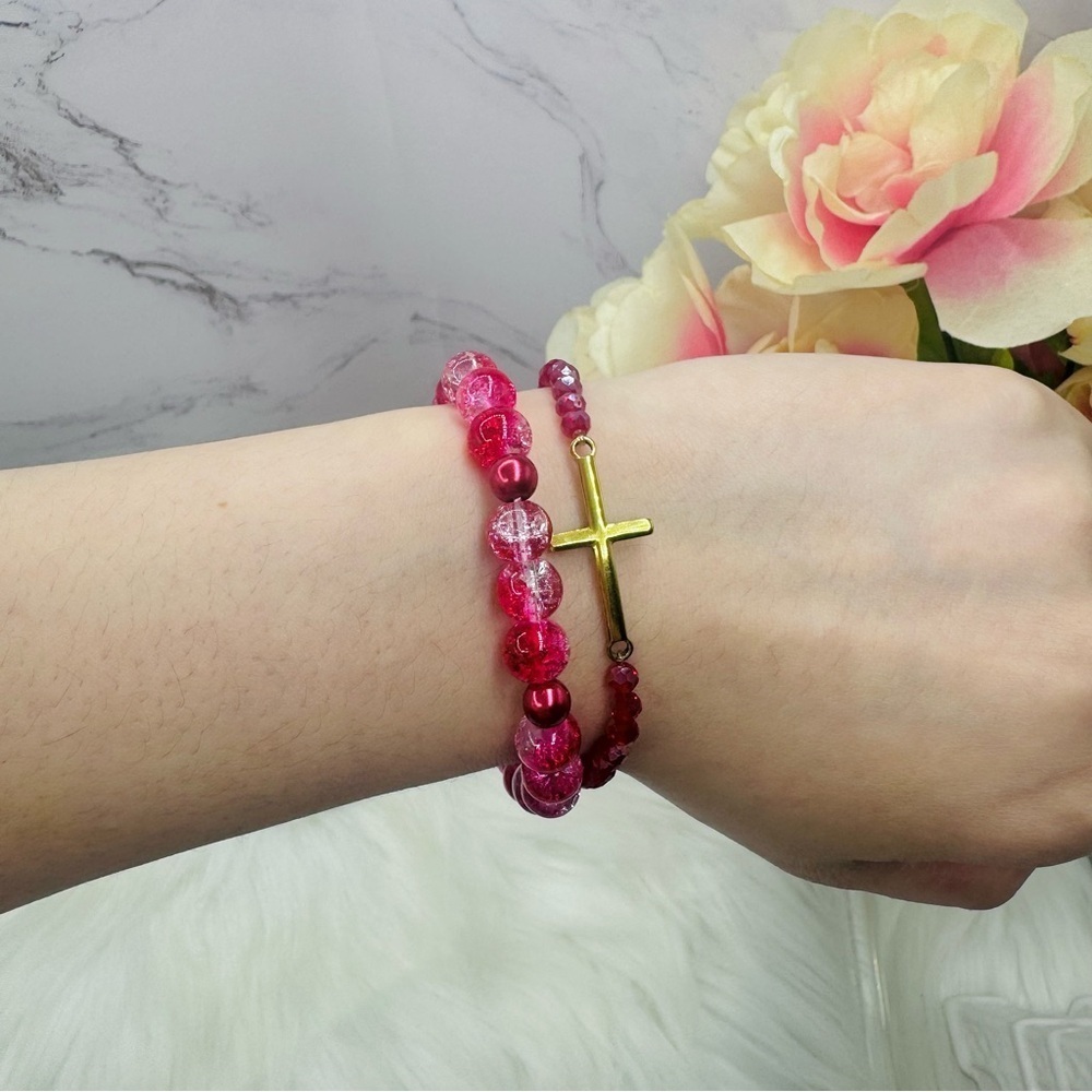Stainless Steel Cross beaded Arm Candy Bracelet - red cherry